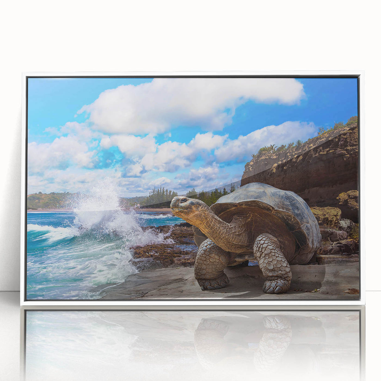 Acrylic print of Galapagos scenery with vivid blue and green tones in an art deco style, ideal for modern art wall decor.