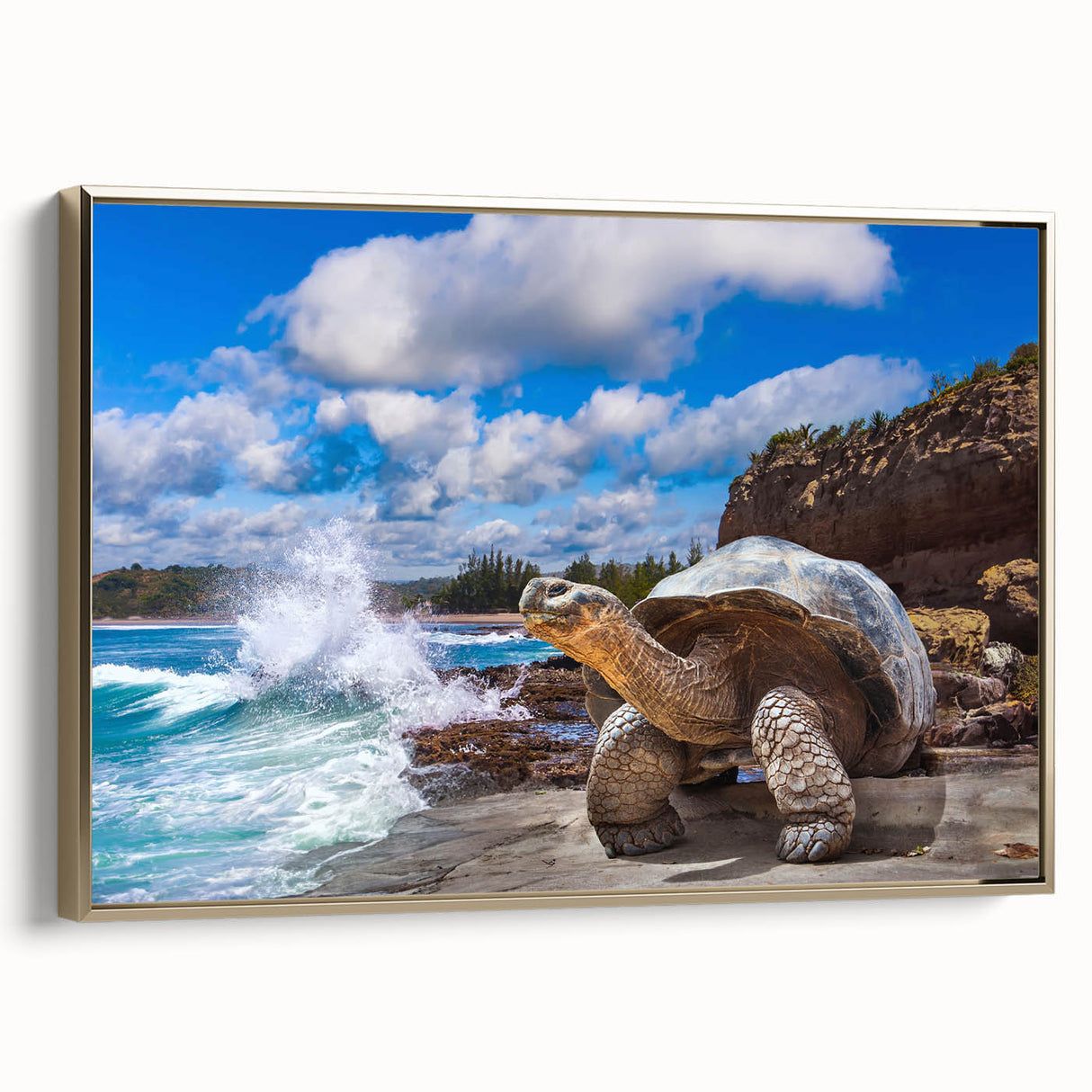 Framed canvas depicting a vintage landscape painting of the Galapagos Islands in black and gold tones.
