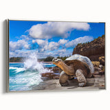 Framed canvas depicting a vintage-style landscape of the Galápagos Islands with a black and colorful palette.