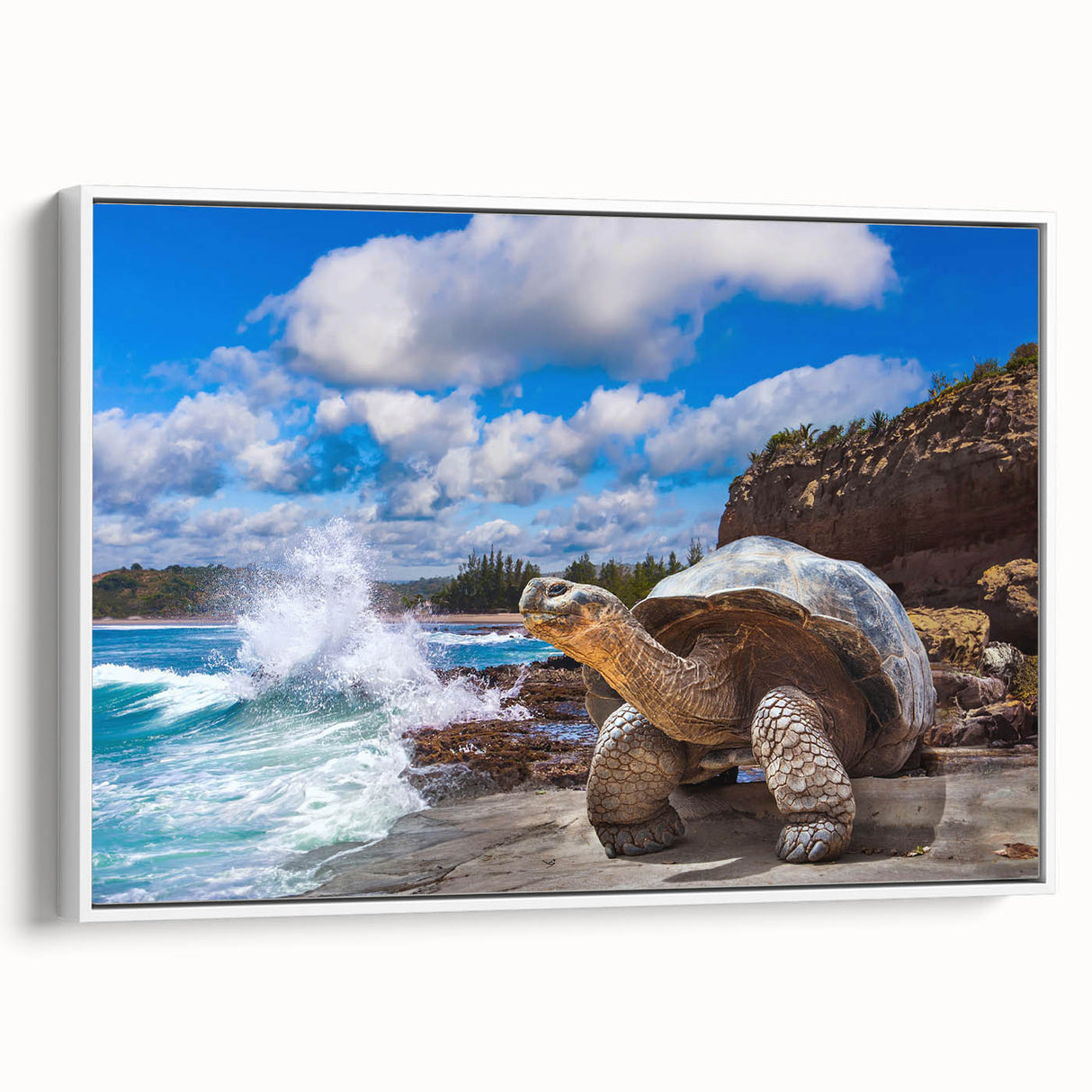Framed canvas vintage poster art depicting a colorful Galapagos scenery, ideal for living room decor.