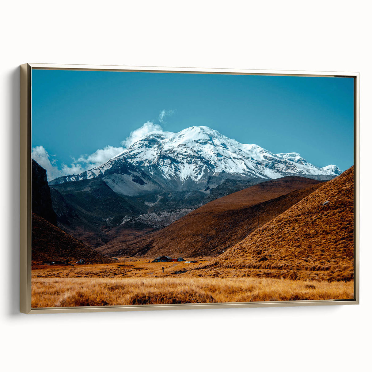 Framed canvas of a vintage-style landscape painting depicting a serene Ecuadorian scenery, ideal for bedroom wall art.