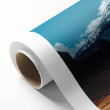 Art deco poster of an Ecuadorian landscape, in pastel blues and greens on rolled canvas, ideal for nursery wall art.