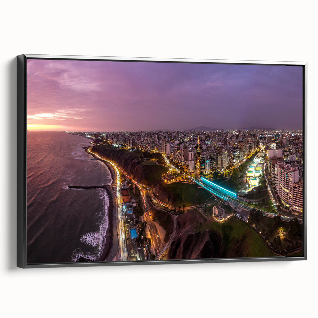 Framed canvas featuring a black and white vintage poster art of a Peruvian landscape, ideal for bedroom wall decor.