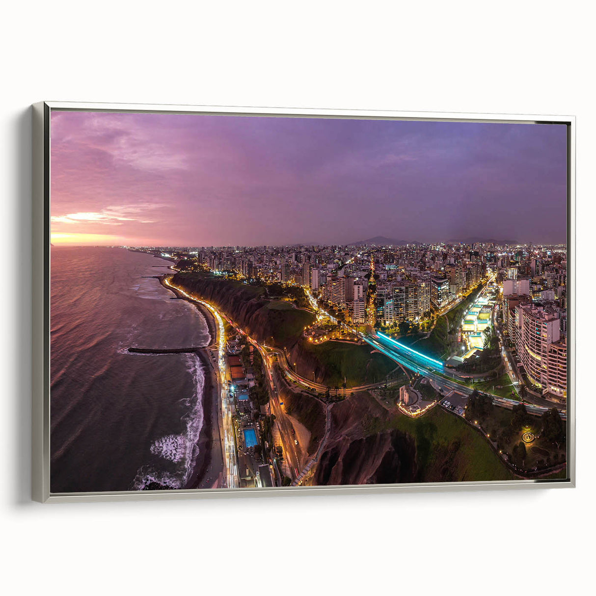 Framed canvas of a vintage-style landscape art painting depicting colorful Peruvian scenery.