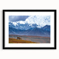 Extra large colorful abstract art print of Alaska scenery in a black frame, ideal for living room decor.