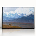 Large abstract wall art depicting Alaskan scenery in muted earth tones on a framed acrylic.