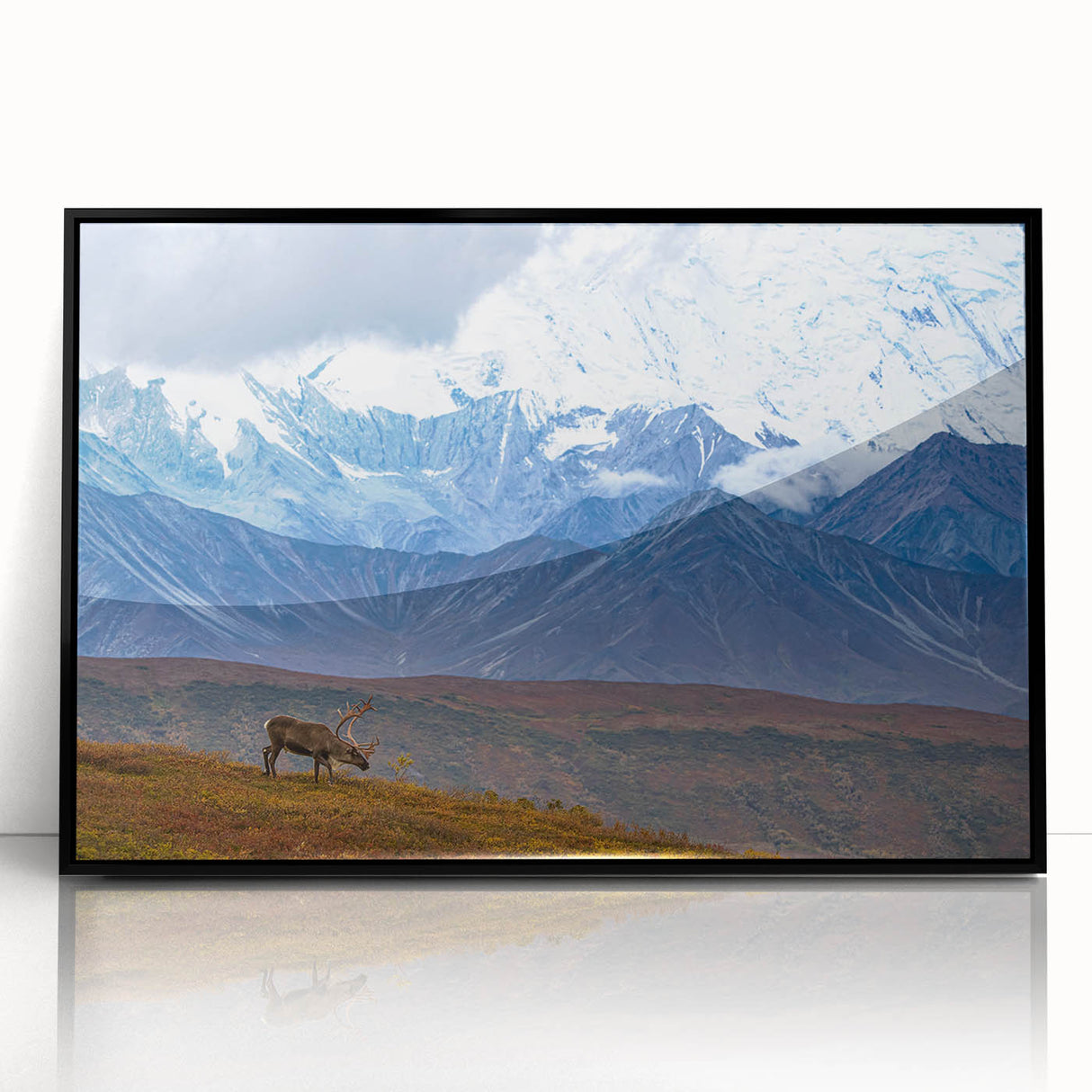 Large abstract wall art depicting Alaskan scenery in muted earth tones on a framed acrylic.