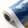 Art Deco style poster of Alaskan scenery on rolled canvas, featuring muted earth tones, ideal for nursery wall art.