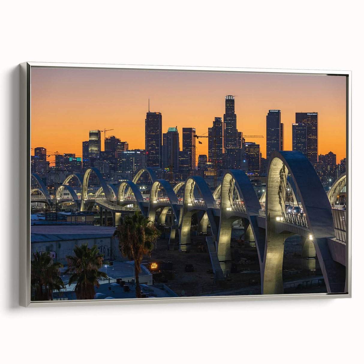 Landscape art painting of Los Angeles skyline in vibrant colors on a framed canvas, ideal for office decor.