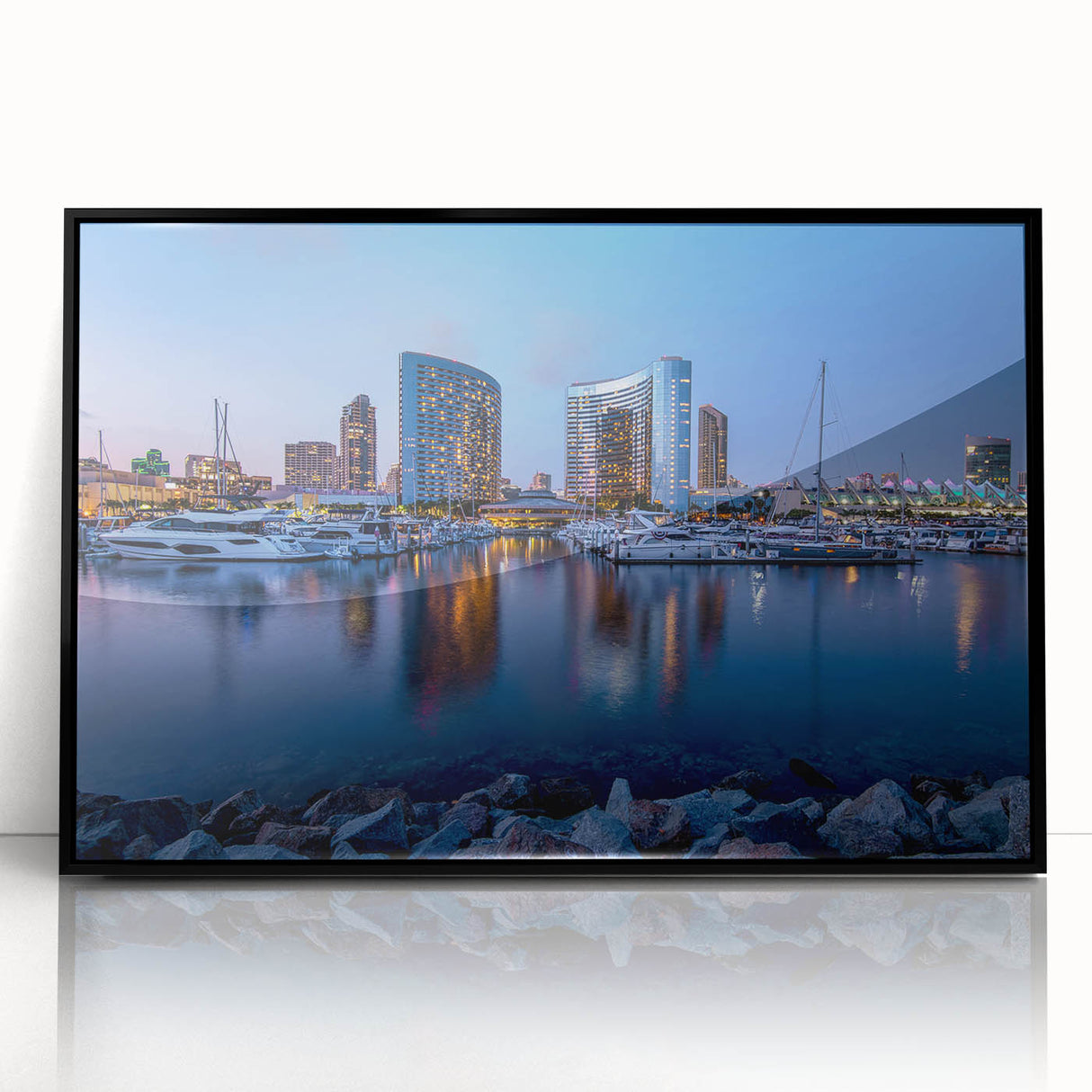 Large abstract wall art depicting San Diego scenery in muted blue tones on framed acrylic.