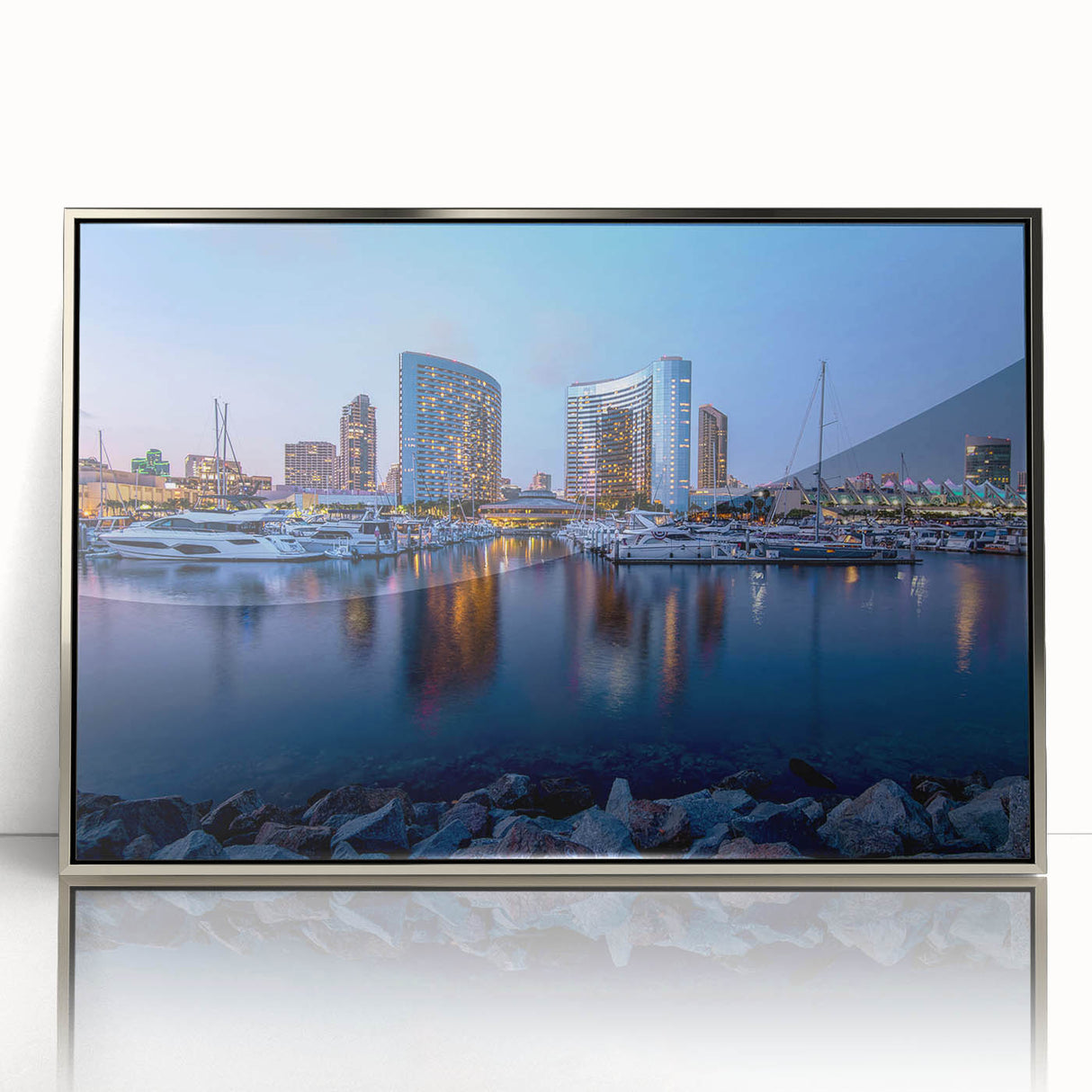 Mid-century modernist art depicting San Diego skyline in pastel shades on a silver-framed acrylic print.