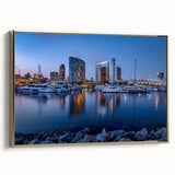 Framed canvas of San Diego landscape in vintage poster style, featuring black and gold tones, ideal for bedroom wall art.