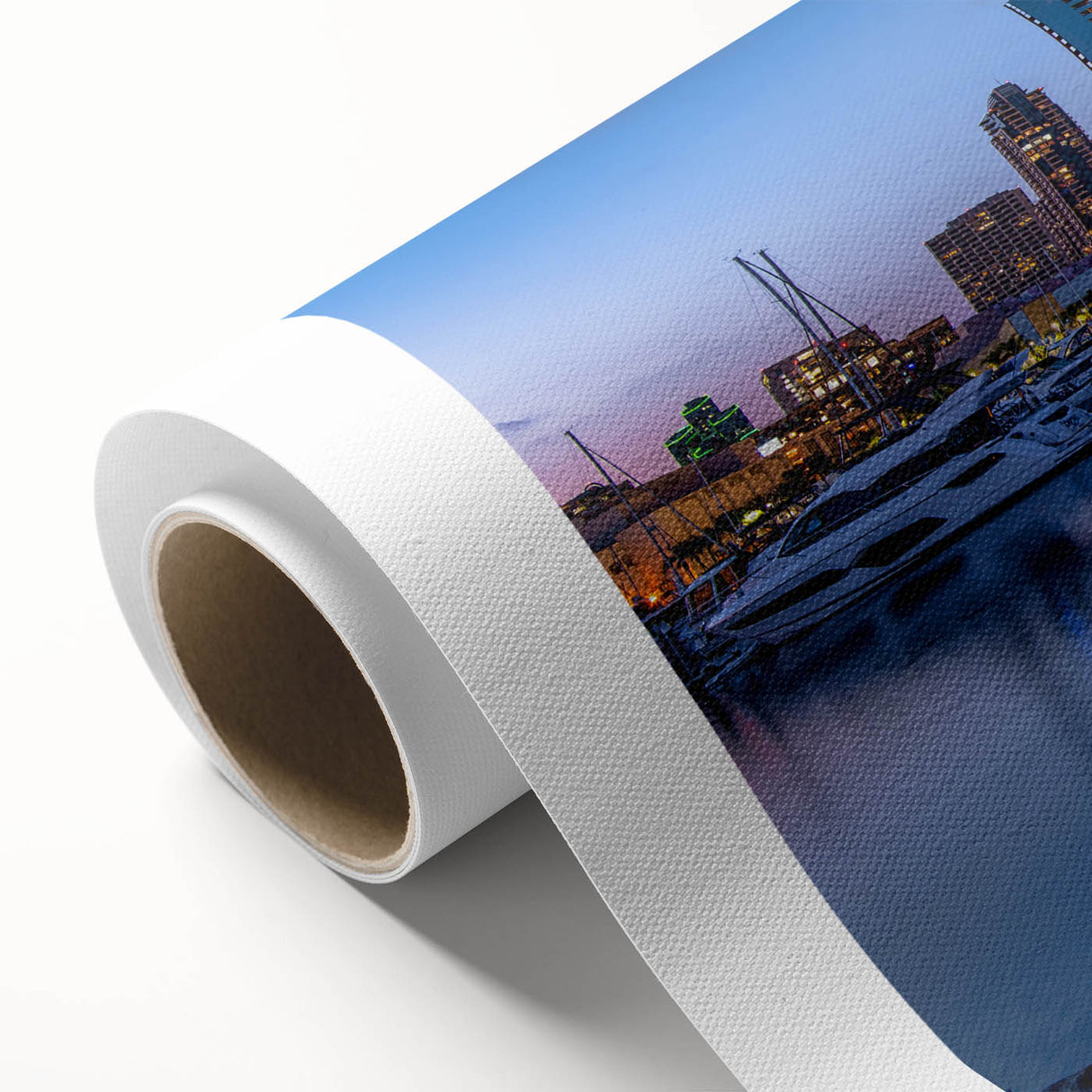 Art deco poster of San Diego skyline in pastel shades on rolled canvas, ideal for nursery wall art.