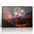 Large abstract wall art depicting San Francisco's skyline in muted gray and blue tones, framed in black acrylic.