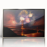 Framed acrylic print of San Francisco skyline in mid-century modernist style with cool blue and silver tones.