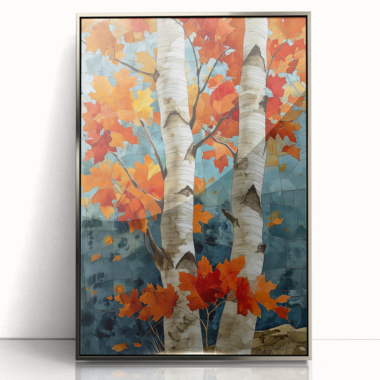 Mid-century modernist art depicting Aspen, Colorado scenery in muted earth tones on a framed acrylic print.