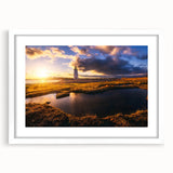 Abstract art print of Connecticut scenery in muted earth tones, framed with a white mat, ideal for dining room decor.