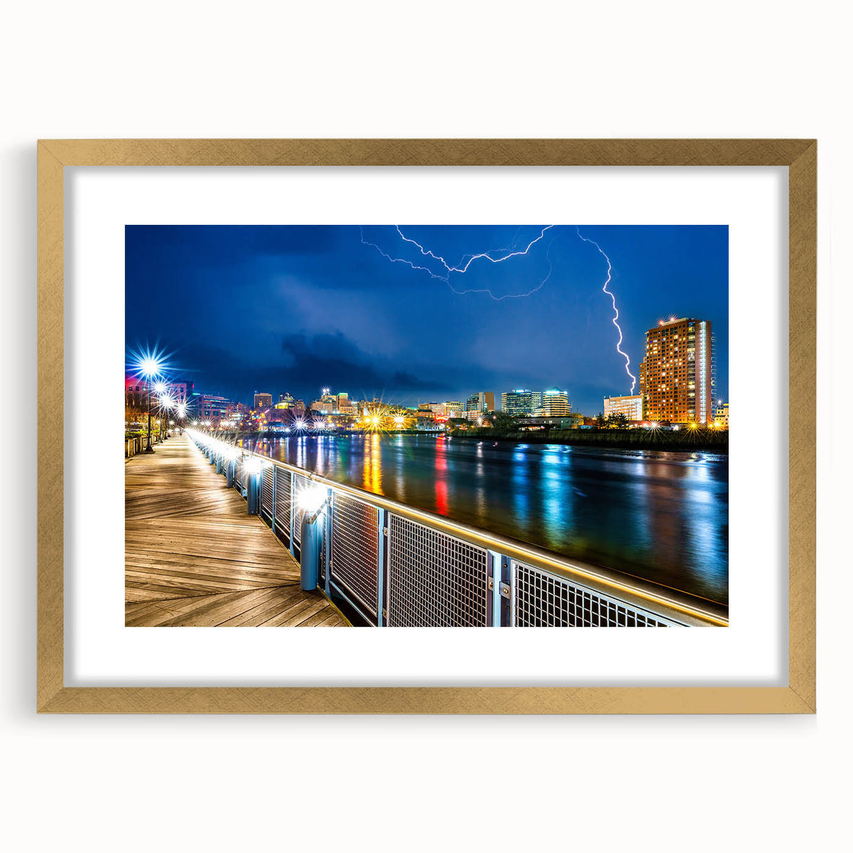 Abstract art print of Delaware scenery in textured gold frame, ideal for extra large wall art in a living room.
