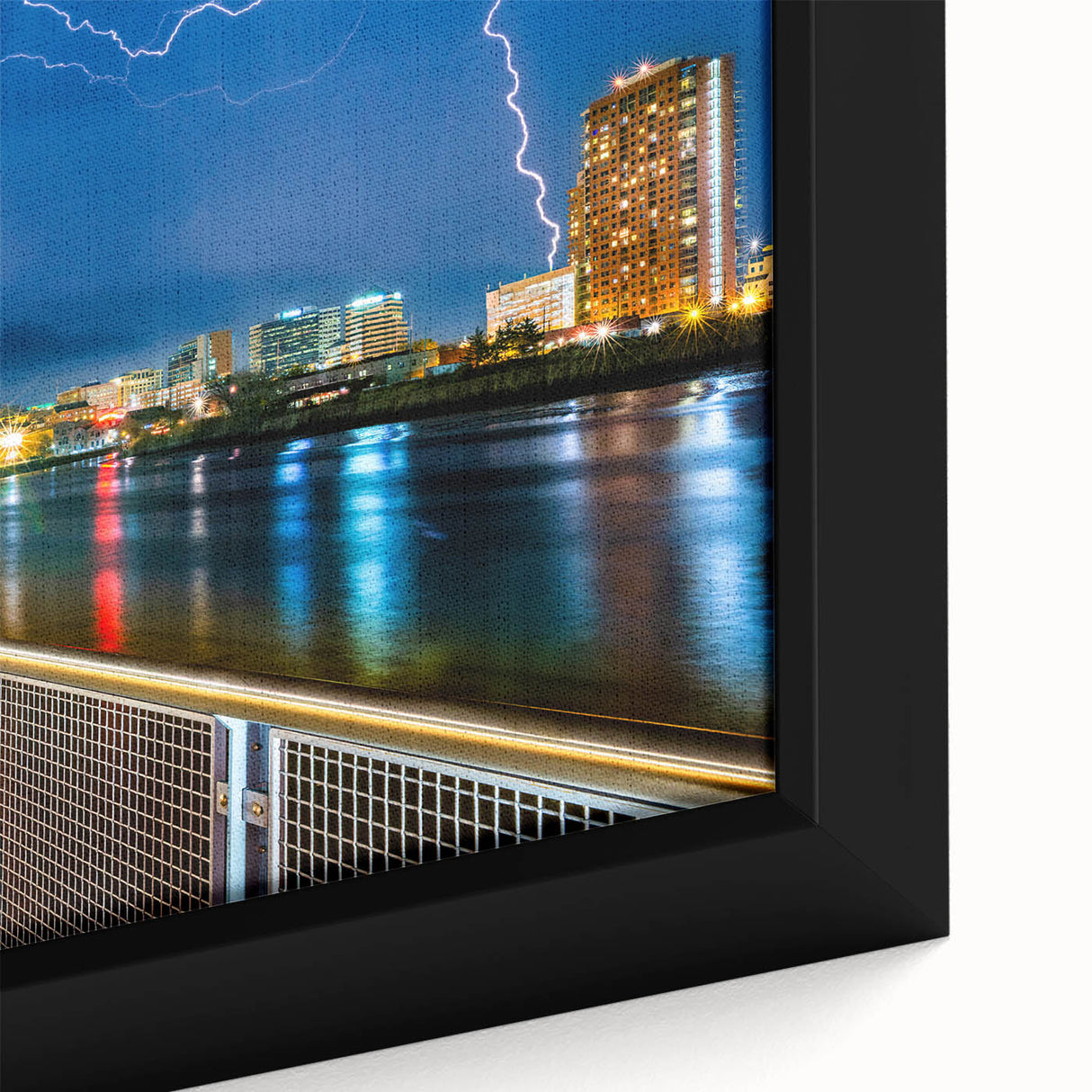 Extra large black wall art featuring a textured Delaware scenery in colorful hues on a framed canvas.