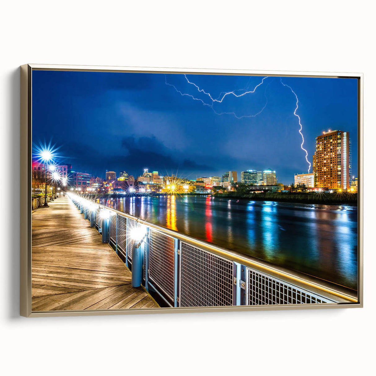 Framed canvas featuring a vintage-style landscape painting of Delaware, with black and gold tones.