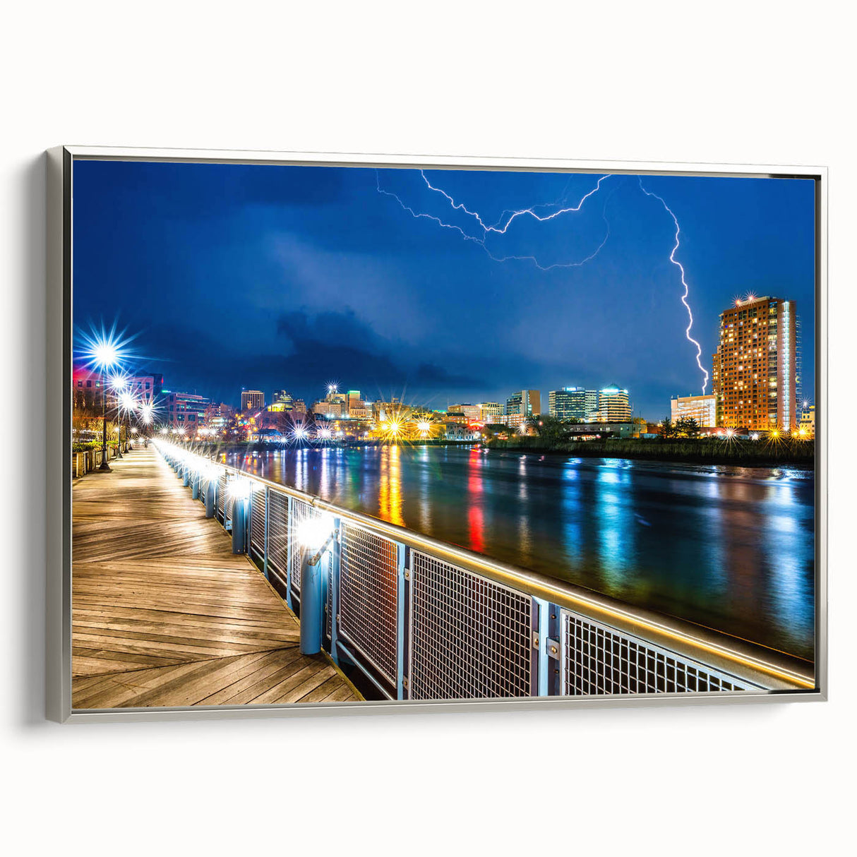 Landscape art painting of Delaware scenery on framed canvas, featuring vintage poster art in colorful and black tones.