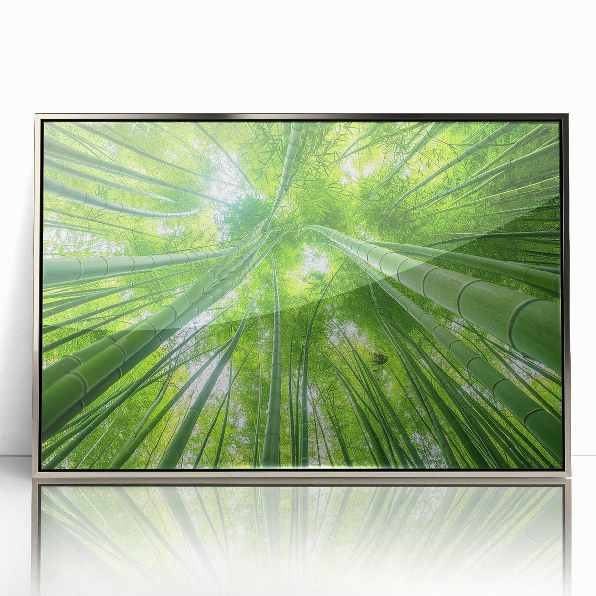 Mid-century modernist art depicting Maui scenery in muted green and blue tones, silver-framed acrylic print.