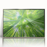 Mid-century modernist art depicting Maui scenery in muted green and blue tones, silver-framed acrylic print.