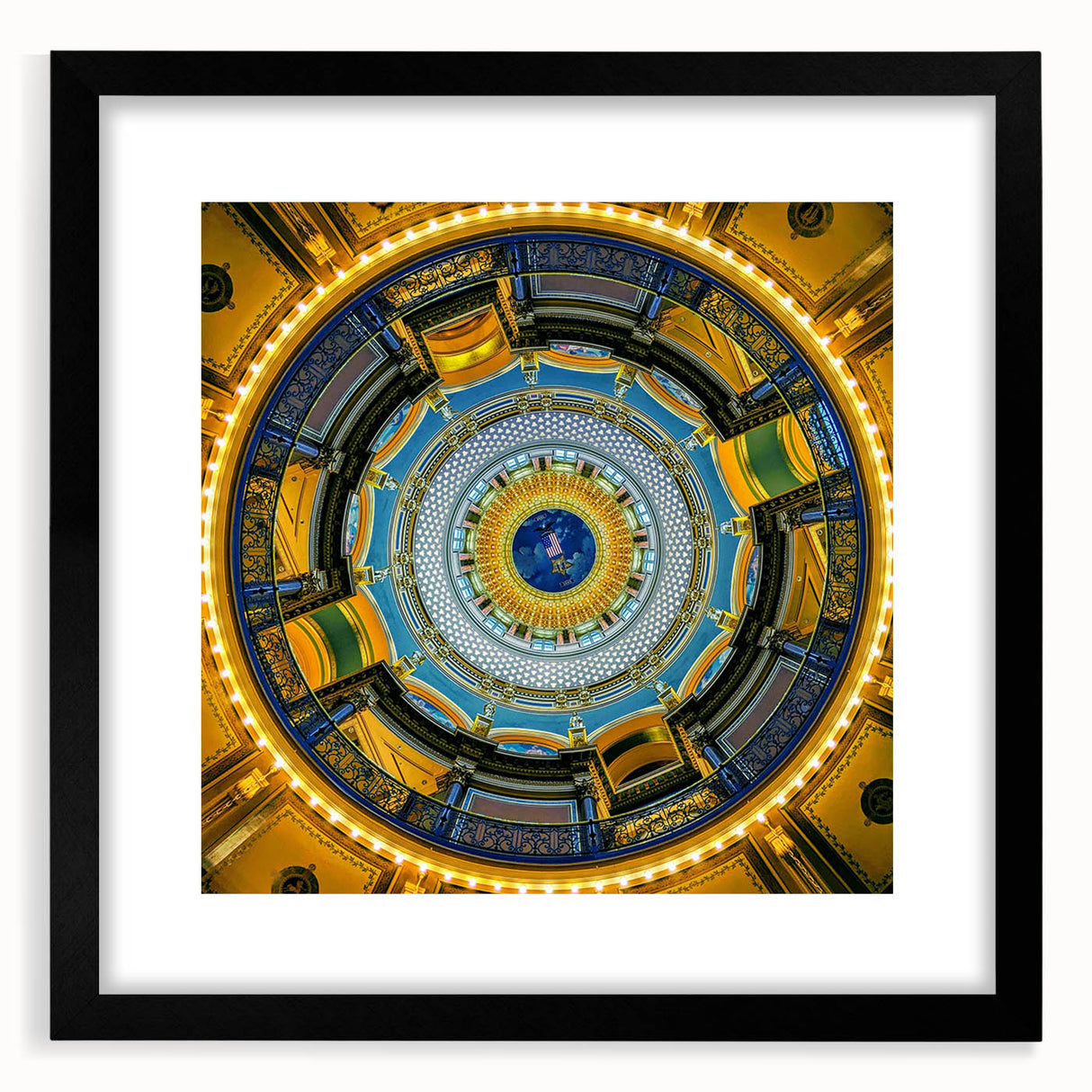 Extra large abstract art print depicting colorful Iowa scenery on textured canvas, framed in black.