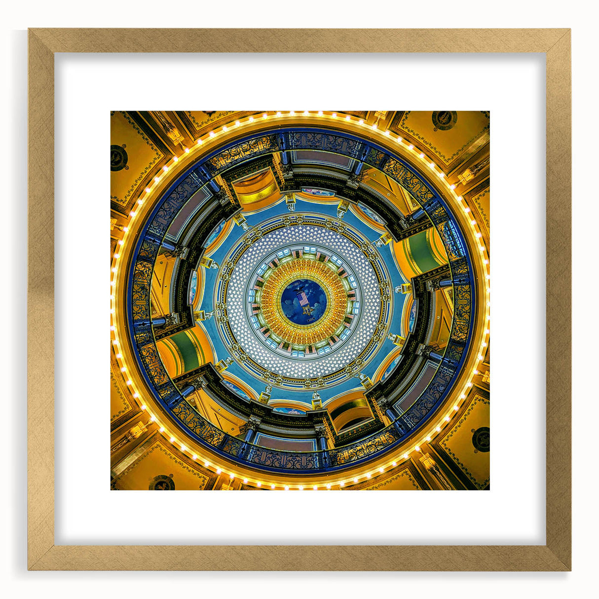Abstract art print of Iowa scenery in muted earth tones on a textured, gold-framed canvas, ideal for living room decor.