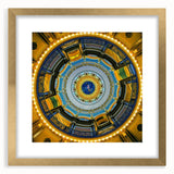 Abstract art print of Iowa scenery in muted earth tones on a textured, gold-framed canvas, ideal for living room decor.