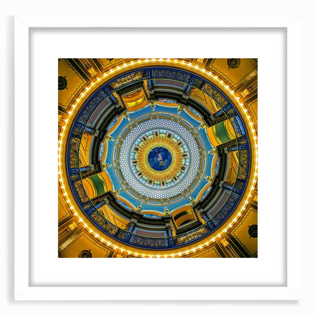 Abstract art print of Iowa scenery in muted greens and blues on a framed white mat, suitable for dining room decor.