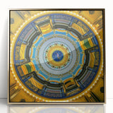 Mid-century modernist style Iowa scenery on a large framed acrylic print, featuring gold and green tones.