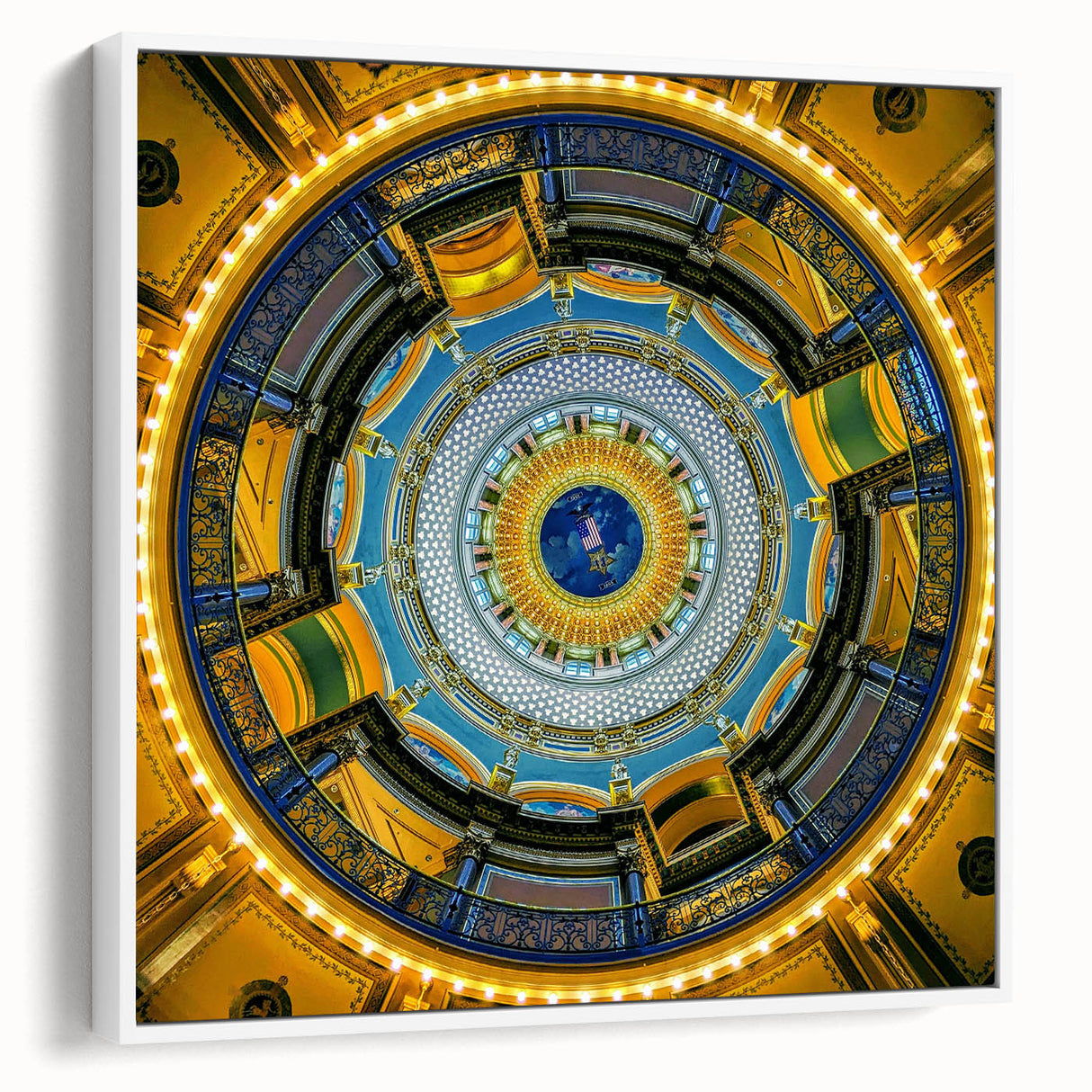 Vintage poster art of Iowa scenery on extra-large framed canvas with colorful art accents, ideal for living room decor.