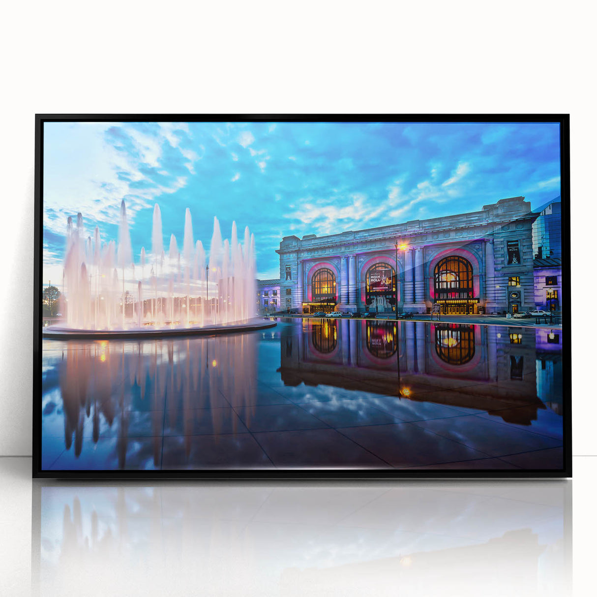 Large abstract wall art depicting a vibrant Kansas scenery in mid-century modernist style on a black framed acrylic.