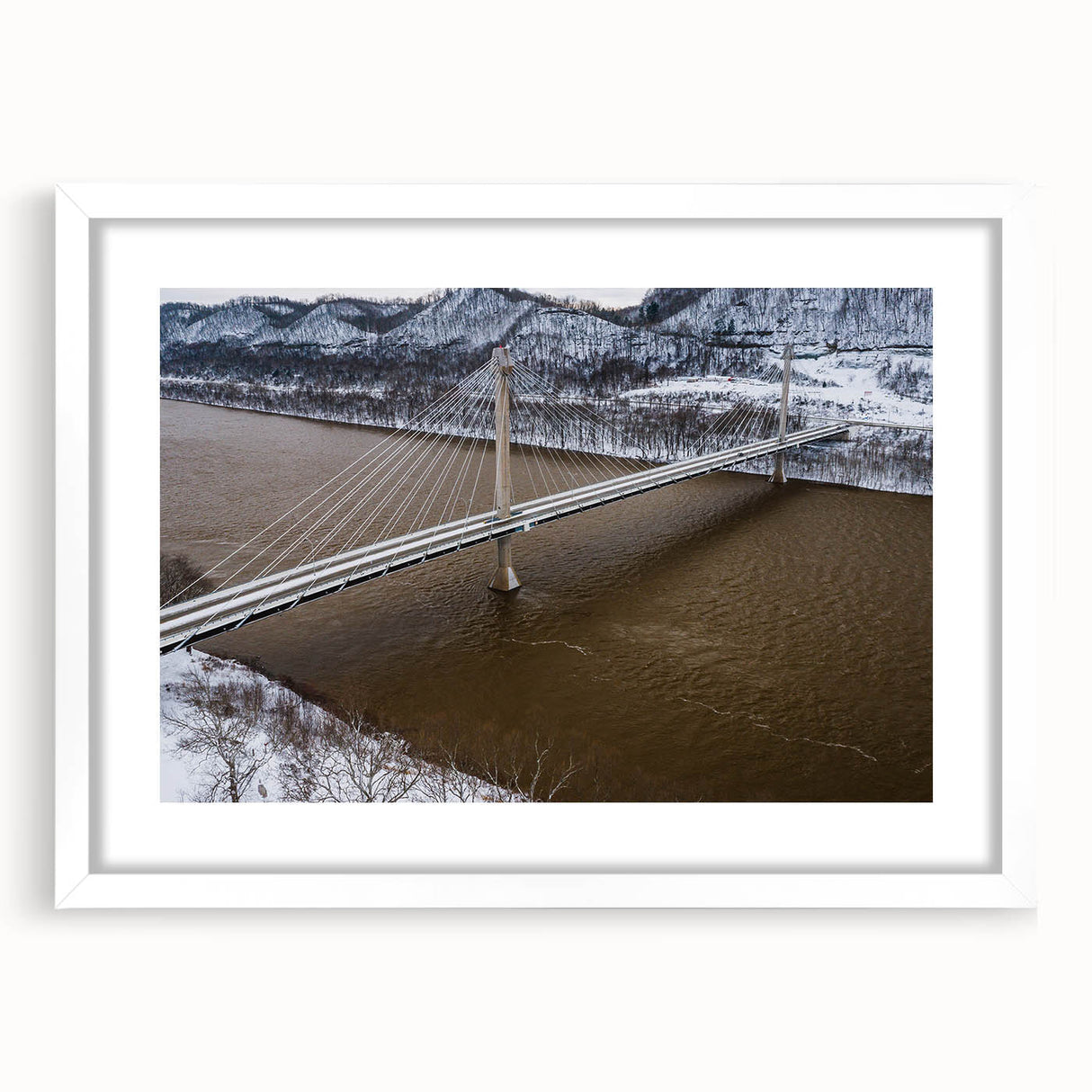 Abstract art print of Kentucky scenery in muted green and blue tones, framed with a white mat.