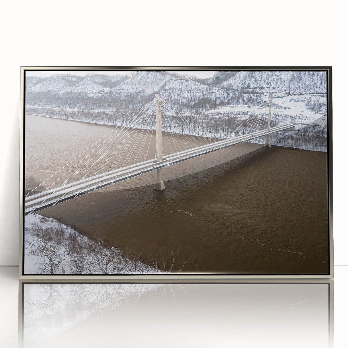 Mid-century modernist art depicting Kentucky scenery in muted earth tones on a silver-framed acrylic print.