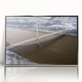 Mid-century modernist art depicting Kentucky scenery in muted earth tones on a silver-framed acrylic print.