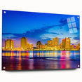 Acrylic print of a large abstract depiction of New Orleans in muted blues and greens, ideal for dining room decor.