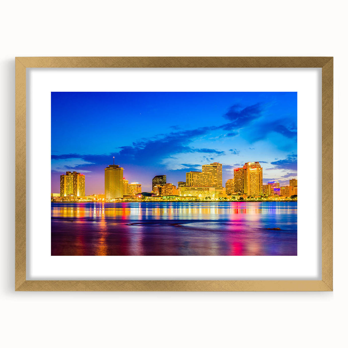 Abstract art print of New Orleans scenery in textured gold frame, featuring muted earth tones, ideal for living room decor.