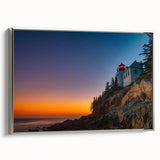 Landscape art painting of Acadia, Maine on a silver-framed canvas, featuring vibrant colors with a vintage poster style.