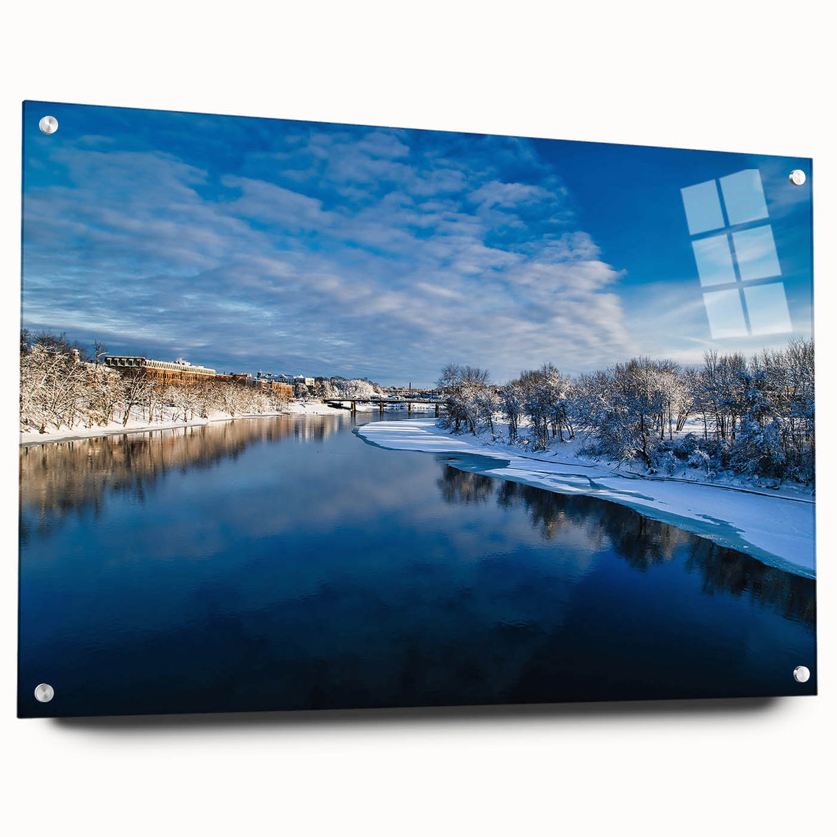 Acrylic print of a serene Maine landscape in soft blue and green tones, suitable for dining room decor.