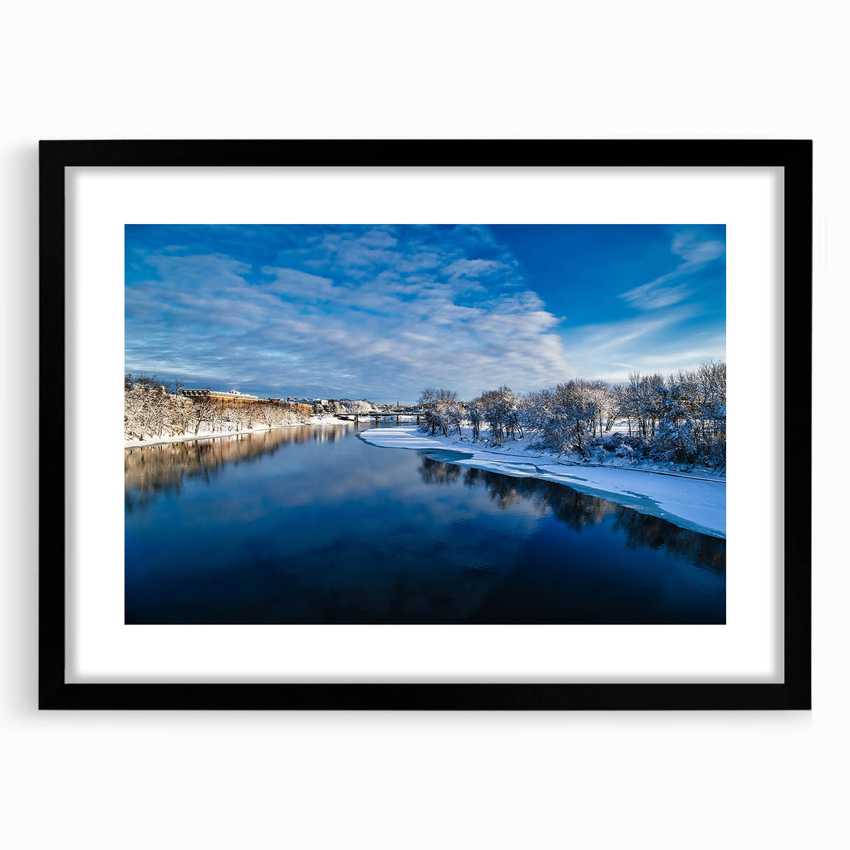 Abstract art print depicting a colorful, textured Maine scenery in an extra large black frame, ideal for living room decor.
