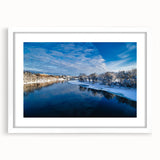 Abstract art print of Maine scenery in muted blue and green hues, framed with a white mat.