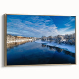 Framed canvas depicting a serene Maine landscape in muted earth tones, ideal for bedroom wall decor.