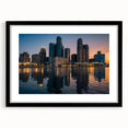 Abstract art print of Detroit skyline in vibrant colors on a large textured canvas, ideal for living room decor.