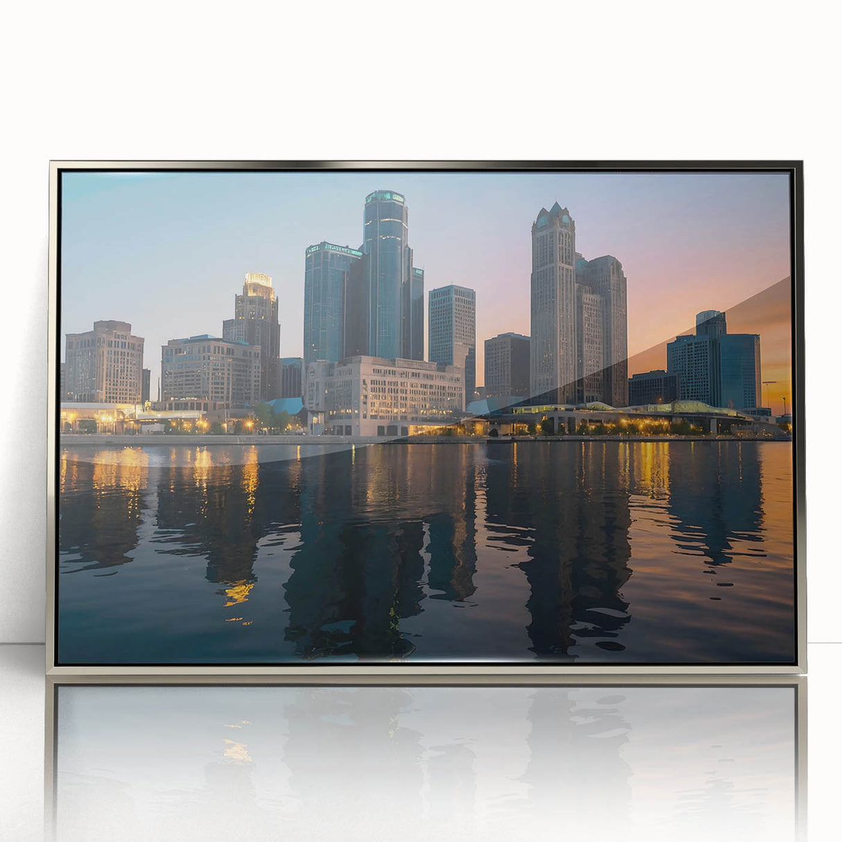 Mid-century modernist art depicting Detroit skyline in muted blue tones on a framed acrylic print.