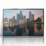 Mid-century modernist art depicting Detroit skyline in muted blue tones on a framed acrylic print.