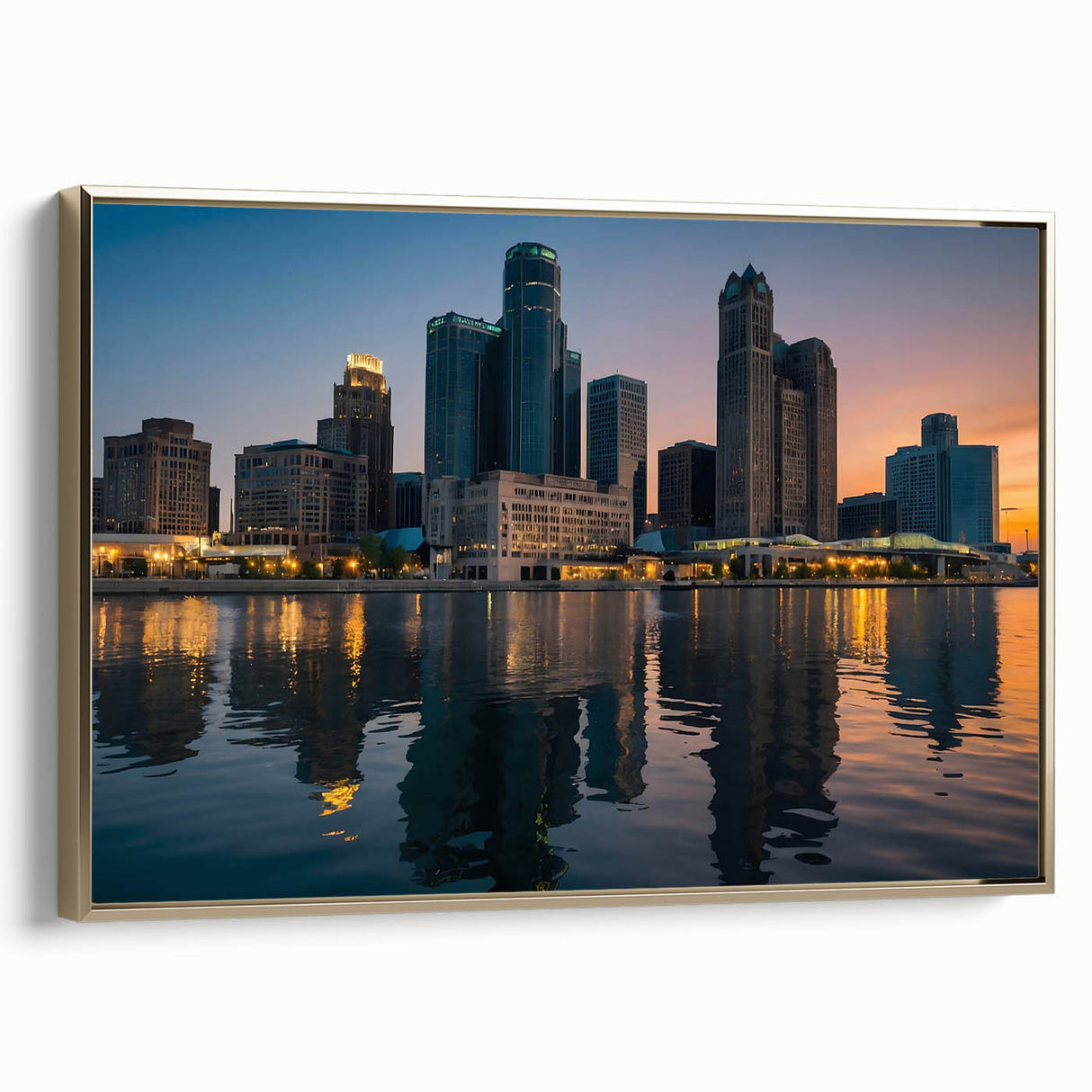 Framed canvas of Detroit skyline in muted gold and black tones, ideal for bedroom wall art.