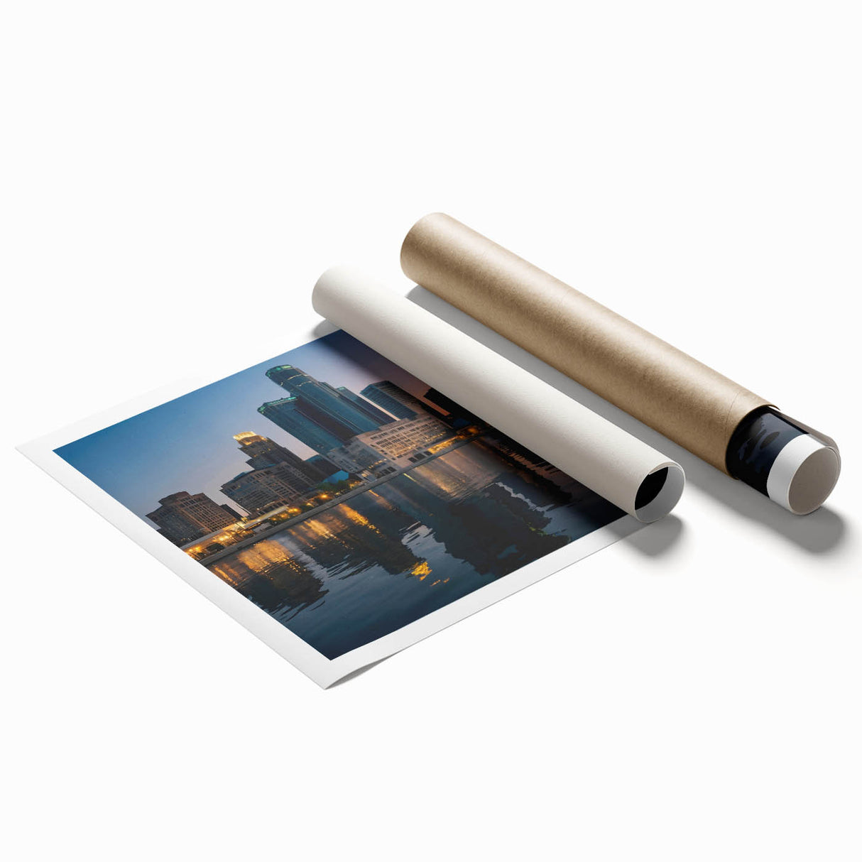 Extra large rolled print of Detroit skyline in muted gray tones, ideal for classy bathroom wall art.