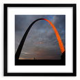 Abstract art print of St. Louis skyline in vibrant, colorful hues on a large, textured canvas, ideal for living room decor.